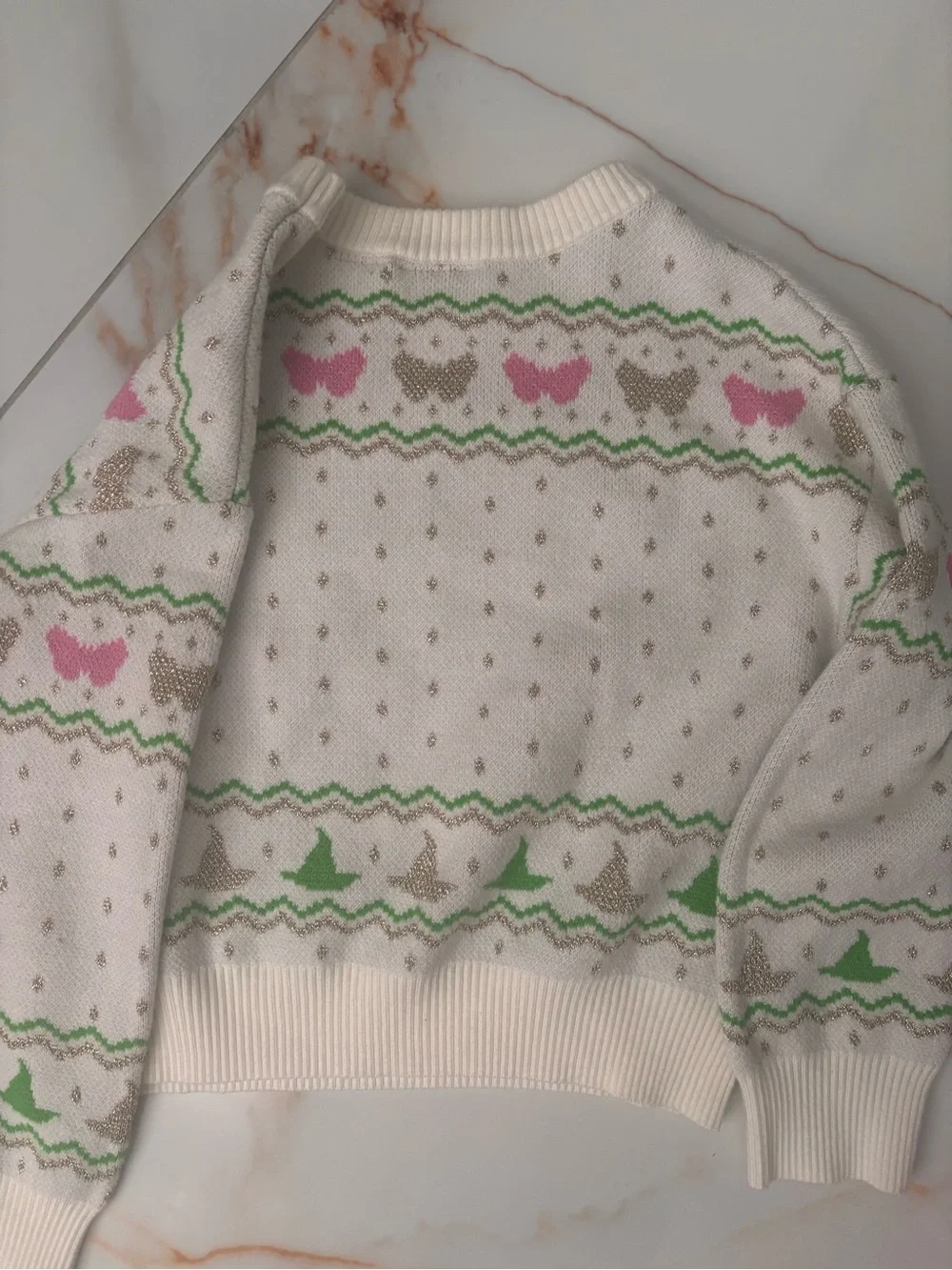 Wicked Fair Isle Crewneck Sweater with Pink & Green Motifs